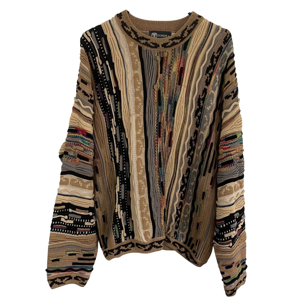 Vtg Tundra Sweater 3D Knit Tan Multicolor Textured Cotton Mens Medium Coogi